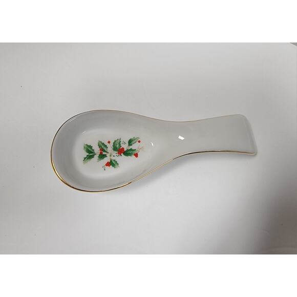 VTG Holly and Berry Spoon Rest White Porcelain Ceramic Gold Trim - Picture 3 of 7